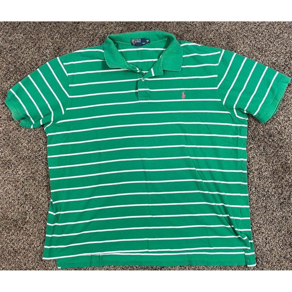 Ralph Lauren Polo Shirt Men's Sz 4XB Green Striped Pony Logo Casual Rugby Preppy